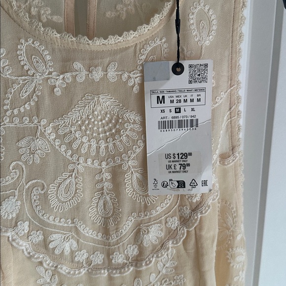 $129 ZARA 2024 ZW COLLECTION CONTRAST EMBROIDERY DRESS MEDIUM BEIGE 6895/073 - Picture 9 of 9